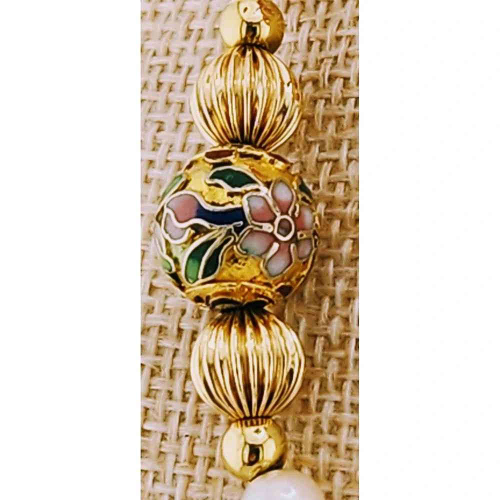 Vintage 14k Gold Rhodochrosite Pearl Cloisonne Bead Necklace Estate 585 Stamped
